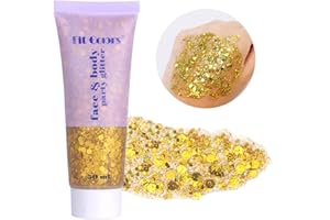 ZOLGINAH Body Glitter Gel,Chunky Glitter Gel,Make Up Glitzer Gesicht Glitzer,Kosmetik Gesicht Haare Nägel,Flüssiger Glitzer Lidschatten,Wasserfest,Langlebig,Festival Party Make up Dekoration (02 Gold)