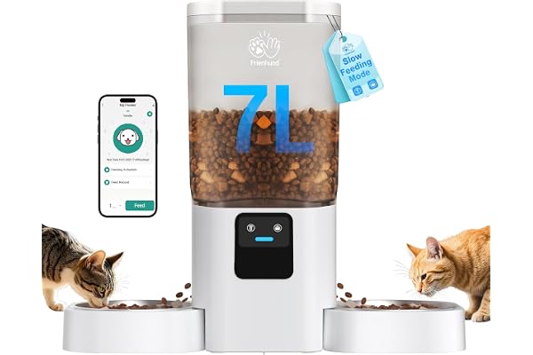 Frienhund Distributeur Croquettes Chat Automatique Double avec Alimentation Lente: 7L Gamelle Chat Automatique pour 2 Bols, WiFi 5G Distributeur Croquette Chien avec Alexa, Détachable