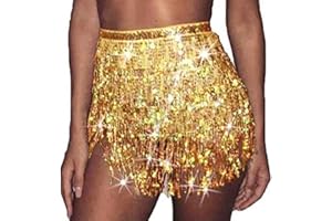 Unicra Sequins Tassel Skirst Belly Dance Skirt Festival Outfit Ballet Dance Fringe Hip Scarf Costume Rave Mini Skirts for Women and Girls
