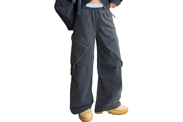 Baggy jeans flickor breda ben ungdomar jeans hög midja hip hop fritidsbyxor Y2k byxor bekväma träningsbyxor med fickor streetwear casual jean barn utomhus byxor breda, L, 160