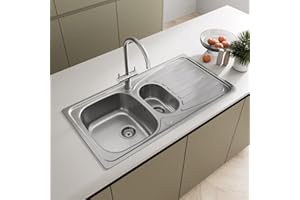 SÄUBER® 950 x 500mm Stainless Steel Kitchen Sink Inset 1.5 Bowl, Inset Drop in Installation, Right Hand Drainer, Free Kitchen Strainer Wastes for Sinks
