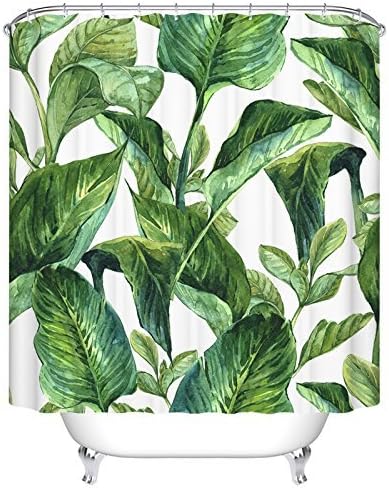 Ormis Green Leaves Pattern Shower Curtain Mildew Resistant Waterproof Polyester Fabric Bathroom Shower Curtain Set with Hooks , 72 inche X 72 inche