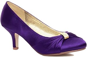 MYSHOESTORE Womens Satin Heels Ladies Wedding Bridal Bridesmaid Stiletto Low Mid Kitten Heel Diamante Buckle Evening Party Prom Slip On Close Toe Smart Formal Classic Shoes