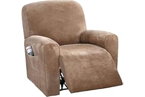 LINGKY 4-Pieces Recliner Chair Covers Velvet Stretch Armchair Covers With Side Pocket Thick Soft Washable Recliner Sofa Covers 1 Seater Replacement Furniture Protector (Armchair, Camel)