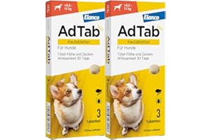 Sparset: Doppelpack AdTab Hunde Zecken- und Flohschutz (> 5,5 bis 11 kg), Kautablette tötet Zecken und Flöhe schnell ab und schützt einen Monat lang, leicht zu verabreichen (3 St. pro Packung)