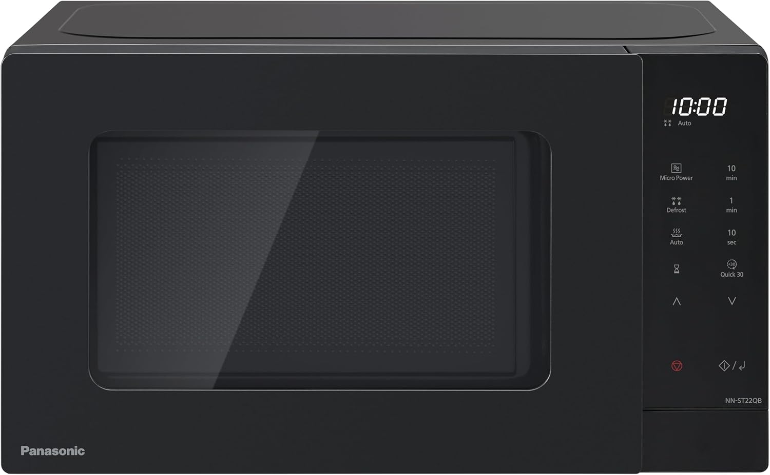 Panasonic NN-ST22QBBPQ 20L Solo Microwave Oven with Glass Tray, 800W, Auto Defrost, 11 Auto Programmes, LED Display, 5 Power Settings, Digital Timer, Black