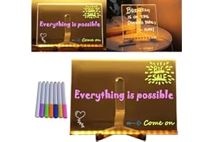 USPER Tablero de notas LED con colores, tablero de mensajes de letras con 7 bolígrafos coloridos y soporte, tablero acrílico de borrado en seco con luz borrable (15 * 15cm)