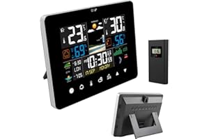 JSUDQR Estación Meteorológica Tecla Táctil con Sensores Externos Monitor de temperatura/Humedad/Barométrico/Previsión/Fase de la luna/Reloj despertador/Calendario para Hogar Jardín Oficina