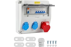 Herrselsam Wandverteiler, 1X16A 2x230V MIT LS+FI mit Leitungsschutzschalter und RCCB, 5 polig Baustromverteiler mit 2 Schutzkontaktsteckdosen und CEE Steckdose 16A Innen/Außenverteiler
