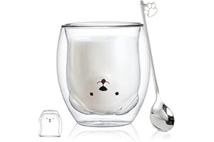 BINOSTER Słodkie filiżanki do kawy, szklanki do herbaty, szklanki do kawy dwuścienne szklanki termiczne, filiżanki do espresso kubek z misiem i kotem (szczęśliwy pies)