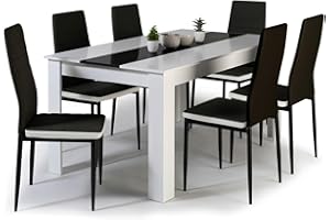 IDMarket - Juego de mesa de comedor Georgia de 140 cm en blanco y negro y 6 sillas romanas negras con borde blanco
