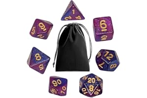 PUEDNO Polyhedral RPG Dice Set, 7PCS Polyhedral Double-Color Dice, DND Dice Set with Black Dice Bag for Dragons and Dungeons MTG (Starry Purple Blue)
