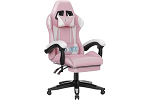 bigzzia Gaming chair with massage function, ergonomic gamer chair with footrest, headrest, lumbar cushion, height adjustment, tilt 90°-155°, gaming chair for gaming, work, relaxation (Pink and white)