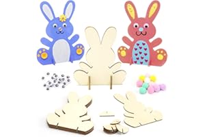 Sprinlot Hasen aus Holz zum Bemalen, 10 Stück DIY Osterhase Deko mit Bunte Mini Pompons und Kulleraugen, Osterhase Kinder Bastelsets, Holz Bastelset Kinder für Bastelzubehör Dekorationen
