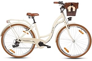 ‎GOETZE Goetze Mood 28 Zoll Damen Citybike, 18 Zoll Tiefeinsteiger Aluminiumrahmen, 7-Gang Kettenschaltung, doppelte V-Bremsen, LED-Beleuchtung, Rattankorb, Komfortsattel, mit Seitenständer & Klingel