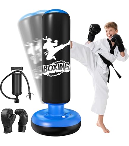 Staande bokszak, bokszak voor kinderen, 160 cm, opblaasbare bokszuil, tumbler voor kinderen van karate, taekwondo, fitness, decompressie, zandzakken, kick vechttraining met luchtpomp inbegrepen