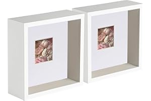 Nicola Spring 3D Deep Box Fotorahmens - 6 X 6 mit 2 X 2 Montierung - Weiß/Weiß - Pack Von 2