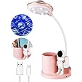 Kids Desk Lamp Rechargeable with Projection, Dimming LED Table Study Lamp with Pen Holder, Flexible Gooseneck Battery Powered Desk Reading Learning Light for Home Office Bedroom Study Room (Pink)