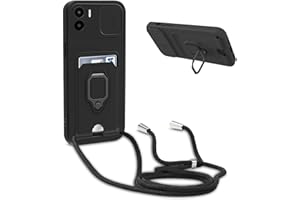 YFSYLL Handykette Schutzhülle kompatibel mit Xiaomi Redmi A1 / A2 4G Handyhülle mit Band,Silikon Handyhülle Case mit Schiebe Kameraschutz,360 Grad Ringhalter Stand,Kartenfach,Schwarz