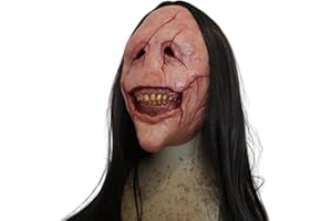 Moligin Masques effrayants Masque d'halloween souri à Souriant Le Visage de Cicatrice Rouge Souriant Masque de démon avec des Cheveux Longs Noirs