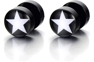COOLSTEELANDBEYOND Nero Cerchio Orecchini con Stella da Uomo Donna, Finto Dilatatore Fake Plug, 1 Paio
