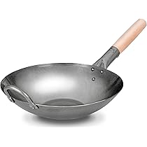 Wokpan, traditionele met de hand gehamerde wok gemaakt van koolstofstaal met een handvat van hout en staal Chinese woks (ronde bodem) 1,8 mm dikke wok met deksel,32cm