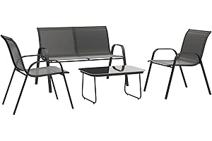 Outsunny Conjunto de Jardín Exterior 4 Piezas Muebles Jardín Exterior con 2 Sillones Apilables 1 Sofá de 2 Plazas y Mesa de Centro con Tablero de Vidrio Templado Negro