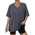 Trendy Queen Oversized Tshirts for Women Workout Plus Size Tops V Neck Short Sleeve Gym Shirts Casual Loose Fit Basic Tees