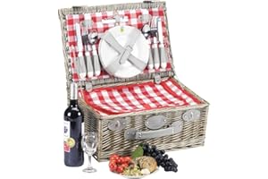 ‎LES JARDINS DE LA COMTESSE Les Jardins de la Comtesse - Picknickkorb Marly - Komplett Für 4 Personen - Kühlfach - Keramikteller und Weingläsern - Rot-weiß Karierter Stoff - 46 x 31 x 20 cm