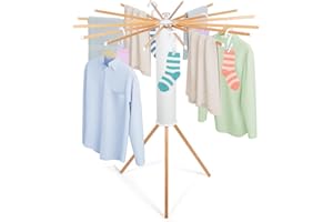 Todeco Etendoir Linge Interieur avec 10 Pinces à Linge, Séchoir à Rayons en éventail en Bois, Séchoir à Linge Pliant pour Le Linge de Petite Taille terrasse Jardin