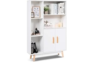 COSTWAY Armario de Consola Blanco Aparador con Puerta y Compartimentos Estantería Librería de Madera Estante Lateral para Hogar Oficina Salón