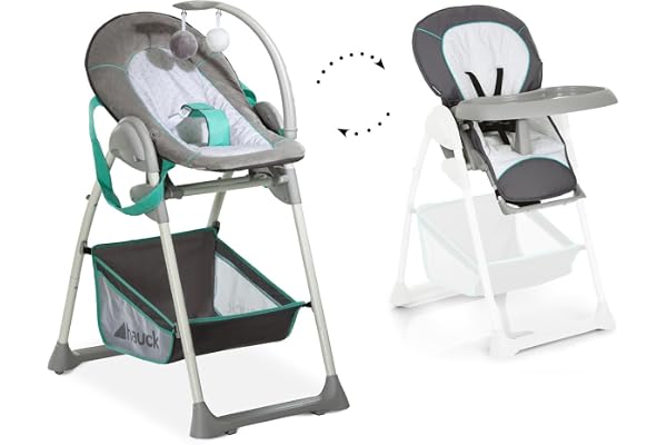 hauck Chaise Haute Bébé Evolutive avec Transat Bebe Sit N Relax 2-en-1 – dès la Naissance jusqu’à 15 kg, Hauteur Réglable, Plateau Repas, Grand Panier, Arceau de Jeux, Pliable, avec Roulettes, Hearts