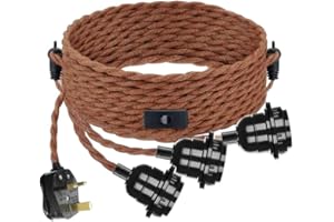 ktjes 3 Lights Plug in Pendant Lighting, 6.7 Meters Brown Twisted Braided Wire Pendant Light Fitting with Plug E27 Lamp Holder UK Plug, FNG-008
