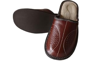 PAFOLI Mens Leather Slippers | Comfortable Handmade Genuine Leather Mules Moroccan Slippers Men Casual Slip On House Shoes Indoor | Brown Black | Made in UK Size 6.5-11