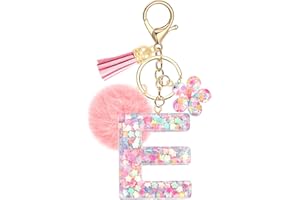 JSRQT Cute Pink Initial Letter Keychain, Flower Sequins Resin Alphabet Letter Keyrings, Flower Tassel Poms Pendants Bag Charm Car Key Chains