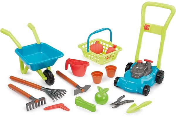 Jouets Ecoiffier - 4585 - Super pack jardin 3 en 1 : tondeuse,brouette garnie,panier et accessoires de jardinage- Outillage de jardin pour enfants - Jeu de Plein air - Dès 18 mois - Fabriqué en France