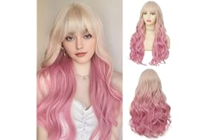 ‎SALAIBS Salaibs Frauen Blonde bis Rosa Lockige Lange Perücke mit Bangs Wellige Welle Ombre Rosa 24 Zoll Haar Perücke Hitzebeständige Synthetische Faser Cosplay Perücke