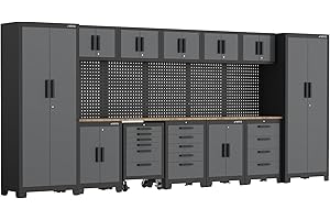 VITO Männerküche - 19-TLG Werkstatteinrichtungs Set mit Schubladen ca. 455 x 50 x 200 cm, Garage Werkstatteinrichtung, Werkbank, Werkzeugschrank, Werkbank mit Holzarbeitsplatte - (VIAGC2SET)