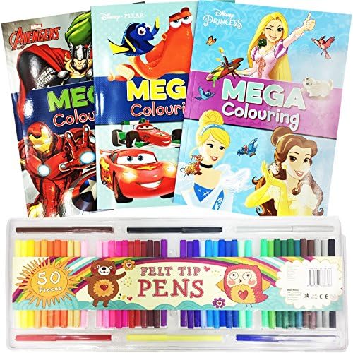 3 Kids Colouring Book MEGA Avengers Disney Pixar Princess Cars Nemo Hulk Dory + 50 Piece Felt Tip Colouring Pens