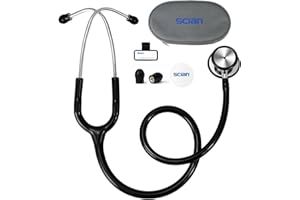 SCIAN Stéthoscope à double tête classique en acier inoxydable avec accessoires et étui de transport pour médecins, infirmières, enfants, adultes (noir)