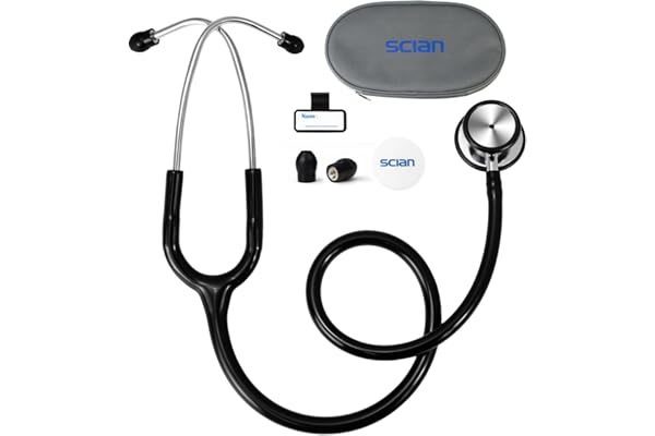 SCIAN Stéthoscope à double tête classique en acier inoxydable avec accessoires et étui de transport pour médecins, infirmières, enfants, adultes (noir)