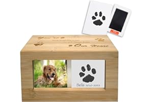 DOINFUN Dog Ashes Box, Bamboo Ashes Box for Dogs, Ashes Casket Keepsake Memorial Gift with Picture Frame and Inkless Footprint, Cremation Box for Cats Rabbit Small Pets, Model C