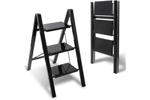 Yakimz Escalera plegable de aluminio de 3 peldaños, escalera antideslizante, escalera portátil para el hogar, para cocina, hogar, oficina, soporta hasta 150 kg (negro)