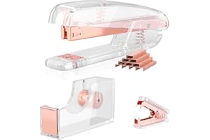 EFISH 3 Kit d'accessoires de Bureau,Dévidoir de Ruban,Dissolvant d'agrafes,Ensemble d'agrafes en Acrylique Avec Agrafes 1000pcs 26/6 Gratuites - (or Rose)