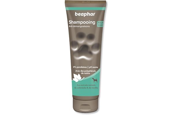 BEAPHAR – Shampoing Anti-démangeaisons pour chien – Extraits naturels de Calendula, de Menthe et du polyphénol de raisin – Apaise les démangeaisons et irritations – pH neutre et sans parben – 250ml