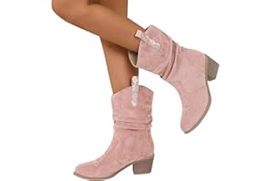 OBIQUZZ Cowboy Boots Women's Western Boots Suede Ankle Boots Elegant Women's Boots Block Heel Bike Boots Slip-On Boots Winter Boots Riding Boots Cowgirl Work Boots Winter Boots Winter Bootie