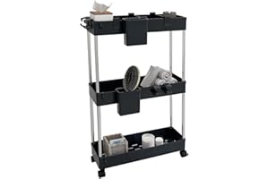 LYNCOHOME Rollwagen Küchenwagen mit 3 Ebenen, Küchenregal Nischenregal auf Rollen, Badregal Aufbewahrungswagen für Küche Badezimmer, mit 4 Haken+2 Behälter+Korbunterteilungen