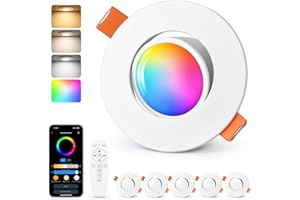 GeyouLux Spots Encastrables LED RGB, Spots LED Intelligents 230V 2700K-6500K Dimmables avec Application et Télécommande, 68-80mm 5W IP44 Ultraplats, Orientables à 45°Blancs pour Salon, 6 Pièces