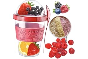 4All Reusable Yogurt Cup 600ml With Spoon Cereal Storage Containers With Lid Airtight Overnight Oats Jar BPA Free Breakfast Cup Cereal On The Go Dishwasher Safe (Red)
