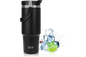 Riley Joy Thermobecher 900ml, 1200ml Trinkbecher mit Deckel und Strohhalm aus Edelstahl Isolation von Warm- und Kaltgetränken Kaffeebecher für Wasser, Kaffee oder Eistee (Schwarz, 1200 ml)